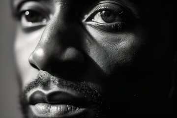 Wall Mural - Close up black and white photo of african american man staring. Male model high quality studio photo