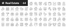 Real Estate Line Icons Set. Real Estate Outline 64 Icons Collection. Purchase And Sale Of Housing, Rental Of Premises, Insurance, Realty, Property, Mortgage, Home Loan - Stock Vector.