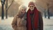 © ckybe - Winter Love: A retired senior couple, wrapped in sweaters and scarves, sharing a warm moment in the cold, celebrating their enduring love.