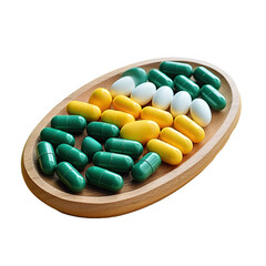 Sticker - Green and yellow pills or capsules on a transparent background with space for text Medication prescribed for treating health issues Pharmaceuticals in a container for healing purposes