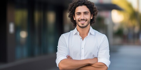 Smiling Hispanic Freelancer  Successful Man with Wrinkled Hands and Curly Hair, Generative AI