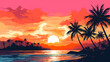 Risograph, digital Illustration, of a tropical island with a romantic sunset