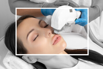 Elos epilation hair removal procedure on the face of a woman. Beautician doing laser rejuvenation in a beauty salon. Facial skin care. Hardware  ipl cosmetology