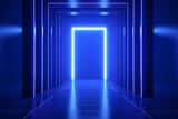 Fototapeta Perspektywa 3d - 3d render, abstract minimalist blue geometric background. Bright neon light going through the vertical slot. Doorway portal glowing in the dark 