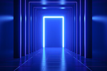 3d Render, Abstract Minimalist Blue Geometric Background. Bright Neon Light Going Through The Vertical Slot. Doorway Portal Glowing In The Dark 