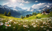 Breathtaking Alpine Landscape With Vibrant Wildflowers In The Foreground And Majestic Mountains Behind. Created By AI Tools