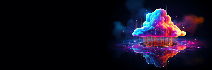 Cloud Data Base Technology concept with blue and pink glowing neon structures on dark banner