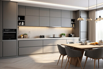 Interior of minimal modern decor style kitchen with shelves, counter bar and cook zone, Home dinning room with contemporary design.