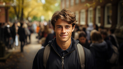 Wall Mural - Generative AI, young handsome student, university graduate, professor on the background of the college, black gown and academic cap, researcher, joyful emotions, smile, architecture