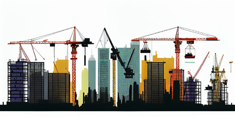 Wall Mural - Construction site silhouette, cranes and houses isolated on white. AI generated.