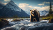 A highly detailed photograph captures a magnificent grizzly bear as it stands near a rushing river, surrounded by the rugged beauty of the Alaskan wilderness.