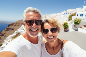 Wall Mural - A happy elderly couple of tourists take a selfie against the backdrop of white villas and the seascape on the island of Santorini. Travel retirement concept. AI generated.