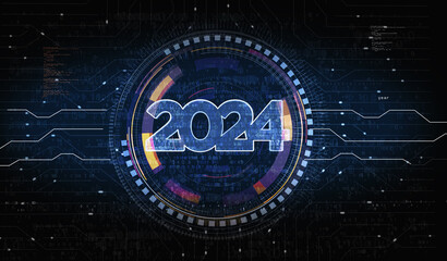 2024 year futuristic neon symbol digital concept 3d illustration