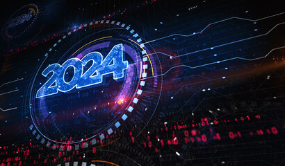 2024 year futuristic neon symbol digital concept 3d illustration