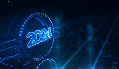2024 year futuristic neon symbol digital concept 3d illustration