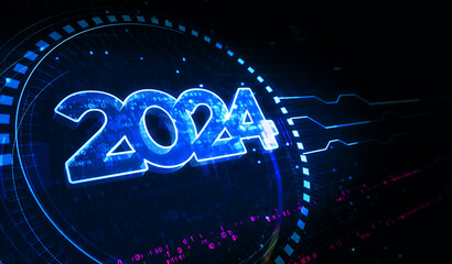 2024 year futuristic neon symbol digital concept 3d illustration