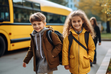 Wall Mural - Two kids, Elementary school students in front of a yellow school bus. Children are in a hurry to go to school.