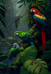 Tropical green jungle with several colored parrots on tree branches. Abstract illustration.