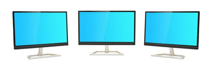 Set of three Digital Monitors view with blue screens isolated on transparent png