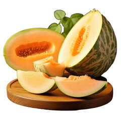 Poster - Freshly sliced melon on a wooden kitchen table rustic style with a transparent background