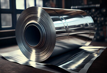 Metallurgical Production. Large Rolls Of Shiny Aluminum Foil Or Steel. AI Generative.