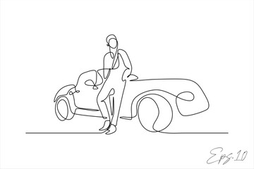 vector illustration
continuous line of stylish people in front of car
