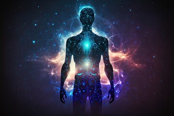 Wall Mural - Human body with glowing neurons and nervous system. Artificial intelligence concept