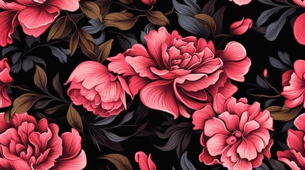 Wall Mural - illustration of a seamless floral pattern where vibrant flowers contrast beautifully against a rich black background.