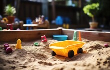 Toy Car On The Sand In The Sandbox. Selective Focus.