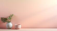 White Vase With Flowers On The Table Greenery And Flora In A Studio Setting With Copy Space On A Wall Light Pink Background