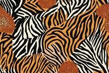 Mixed Zebra Stripes And Leopard Spots Print. Geometric Seamless Pattern With Different Animal Skin Textures. Bright Colorful Tropical Background. Textile And Fabric Fashion Design. 