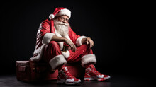 Santa Claus Sitting On A Suitcase In A Stylish And Trendy Photoshoot, Santa's Costume With A Pair Of Modern Basketball Shoes, Black Background Studio Lighting, AI