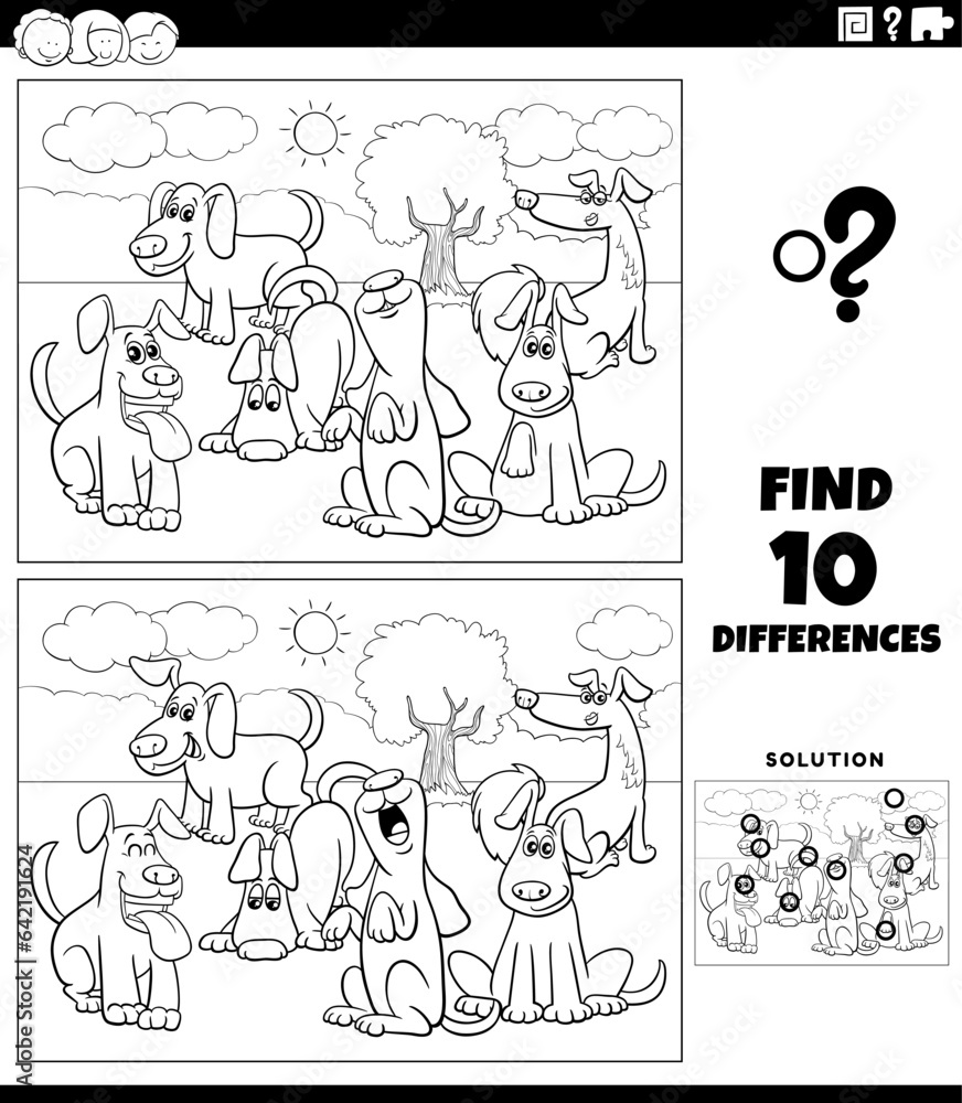 differences activity with cartoon dogs coloring page Stock Vector ...