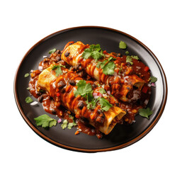 Latin American cuisine features traditional enchiladas with chocolate salsa and mole poblano transparent background