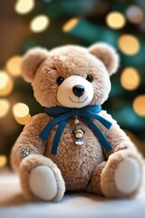 Wall Mural - Plush bear sitting at Christmas, smiling 