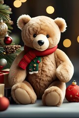 Wall Mural - Plush bear sitting at Christmas, smiling 