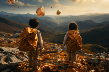 Back view of two little boys hikers with backpacks standing on top of the mountain
