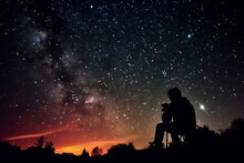 Silhouette Of A Man Sitting On The Edge Of A Forest And Looking At The Starry Sky