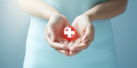 Wall Mural - Medicine nurse holding plus icon for the healthcare medical icon on blue background. Health insurance health concept. access to welfare health and copy space, generative ai