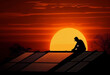 Silhouette of a guy installing solar panels. AI Generated