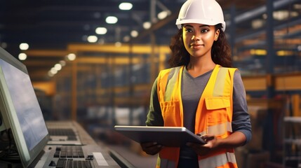 African American female worker in safety uniform and helmet is checking system machines with laptop in the factory. woman in the big manufacturing industry.