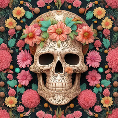 skull and flowers - Feast of Dia de los Muertos, attributes and traditions. With Generative AI technology