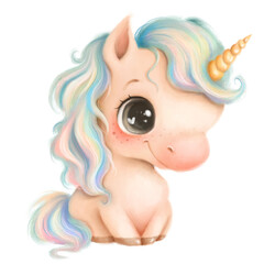 Illustration of a cute cartoon baby unicorn. Cute animals. Little animals. Transparent background, PNG