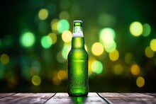 A Green Bottle Of Beer On A Table With Blurred Background