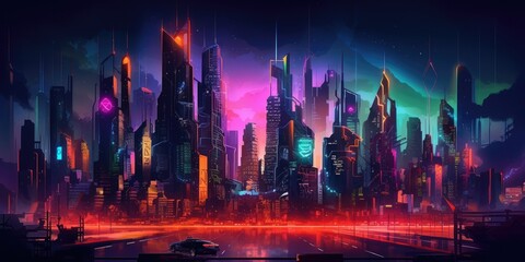 Wall Mural - city skyline cyberpunk neon on dark background. beautiful generative ai aig32