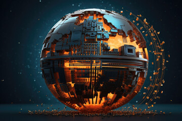 Wall Mural - World globe in cyber world of information. Future and industry concept with communication and technology. Generative AI