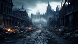 Fototapeta Londyn - Post apocalypse in destroyed city, apocalyptic scene after world war