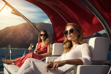Wealthy Women Relax On Luxury Yacht, Beautiful Girls On Cruise Boat