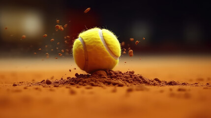 Shot in motion, tennis ball bouncing on a tennis dirt court, tennis court with dust splash.