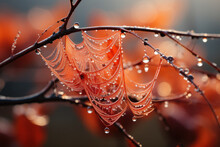 A Misty Morning Reveals Dew-covered Spiderwebs Delicately Suspended Among Branches, Enhancing The Enchantment Of Autumn. Concept Of Nature's Web. Generative Ai.